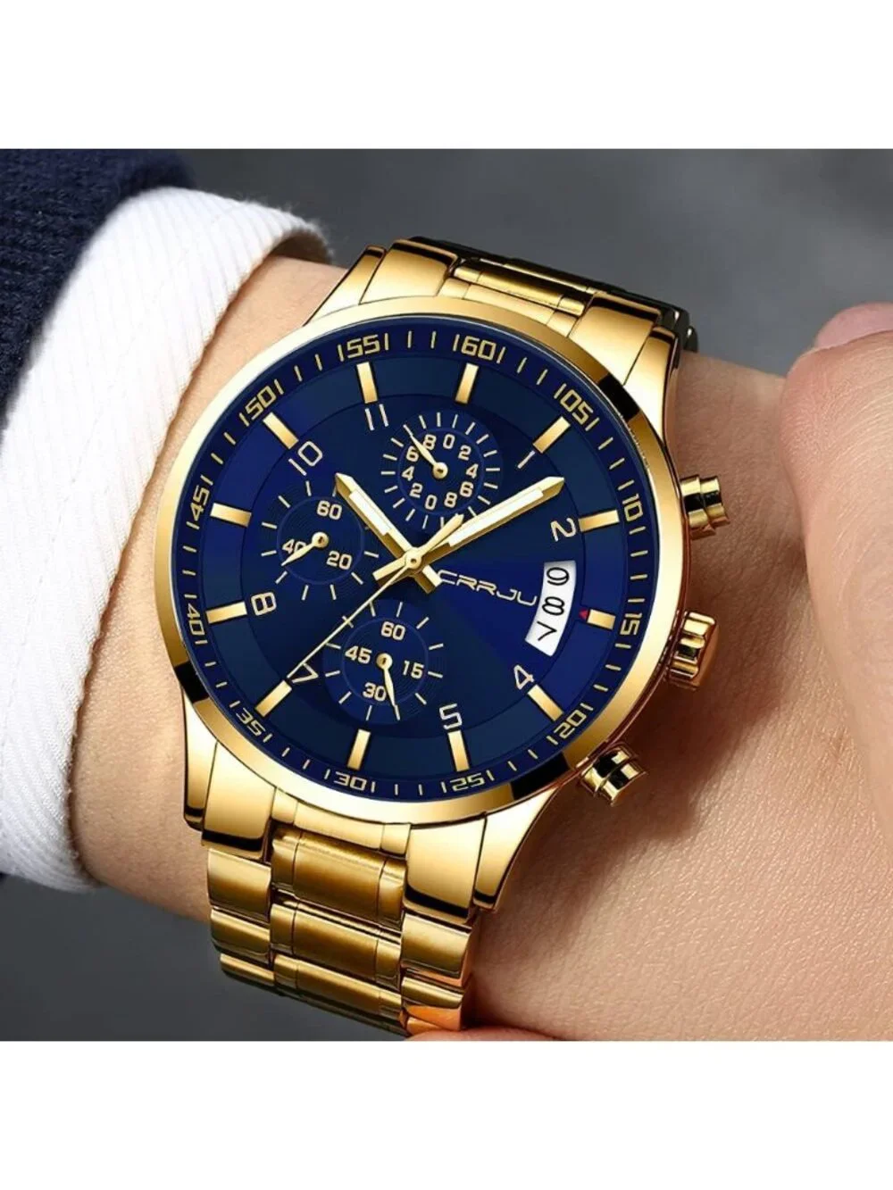 Men's Gold And Blue Analog Stainless Steel Waterproof Chronograph Wrist Watch